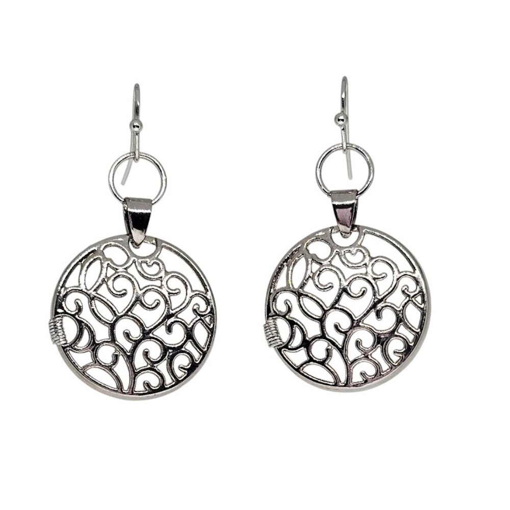 Handmade Silver Tone Filigree Lace Disc Earrings Round Boho Dangle Drop
